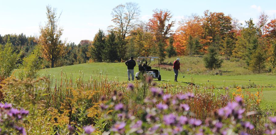 view of golfers on green with flowers and colorful trees